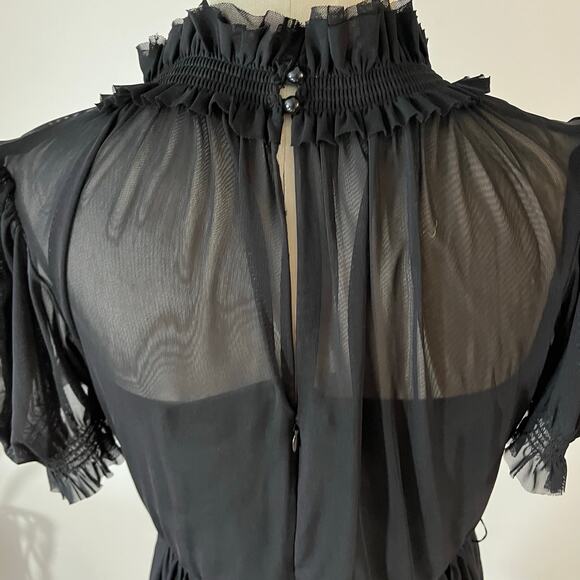 Black Ruffle Mock Neck Puff Sleeve Mesh Mini Dress Wmns L Witchy Whimsygoth - Picture 4 of 7